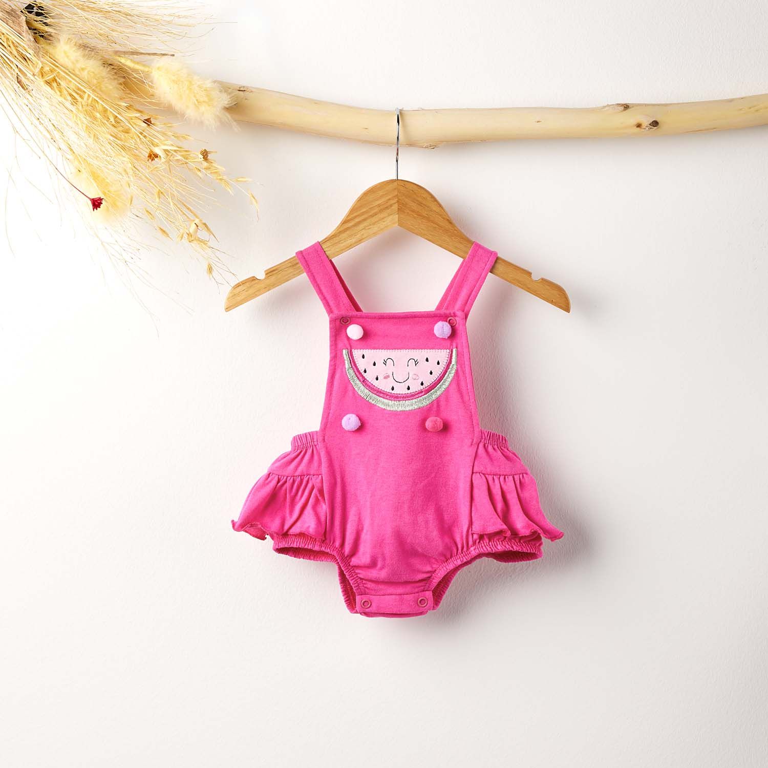 Jardineira Melancia Pompons Rosa