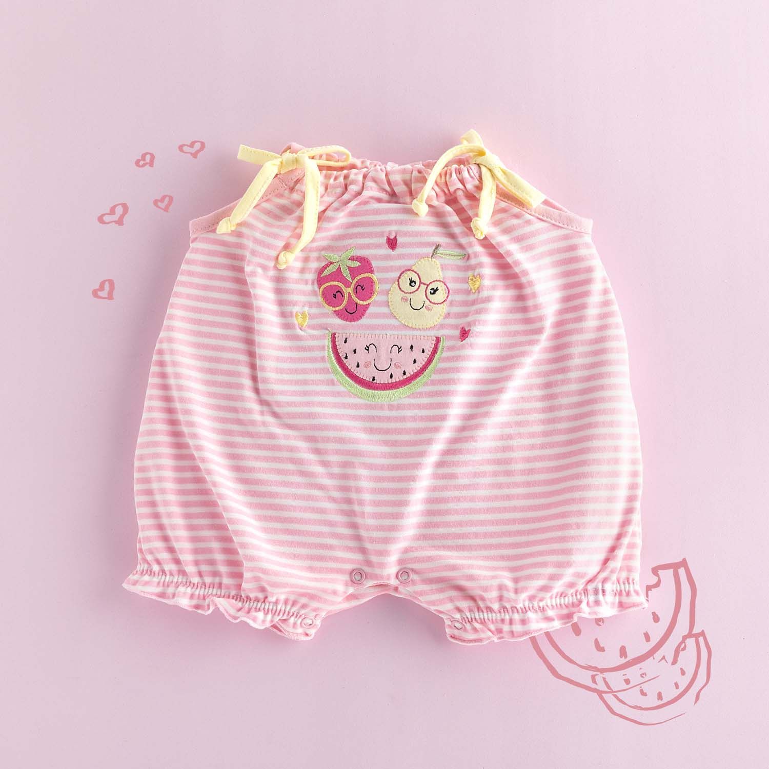 Macacão Curto Frutinhas Listrado Rosa
