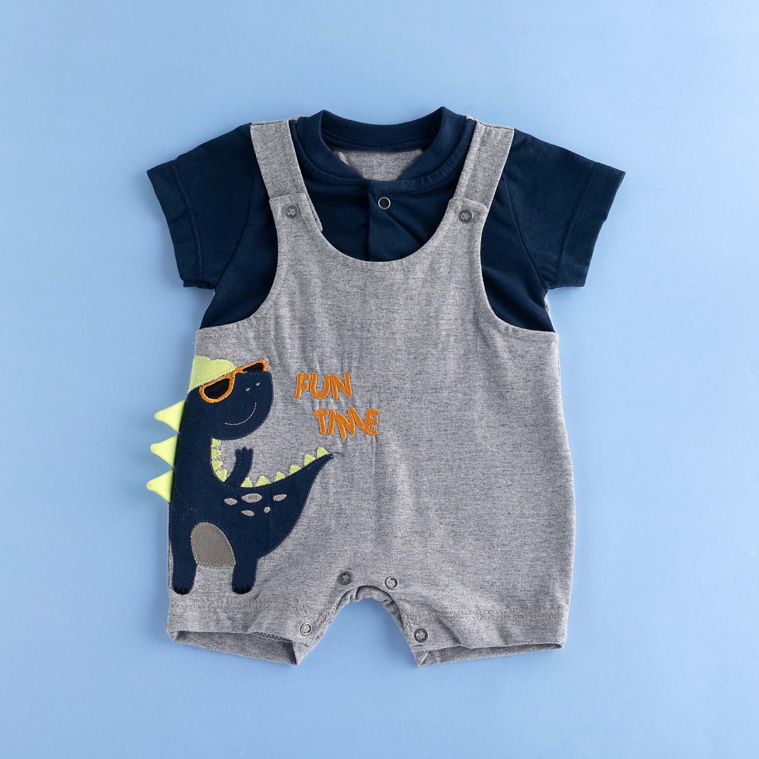 Macacão Jardineira Curto Dino Fun Time Azul Marinho