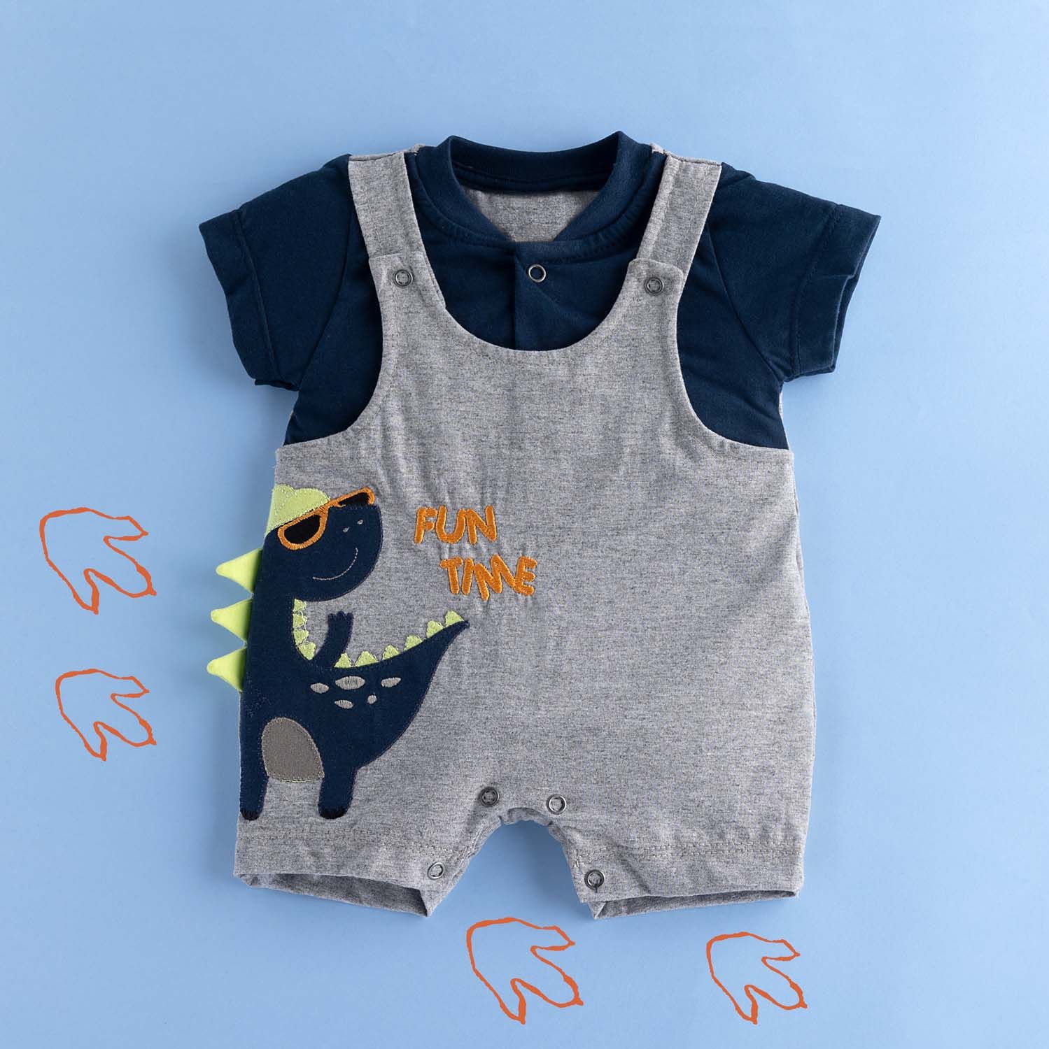 Macacão Jardineira Curto Dino Fun Time Azul Marinho