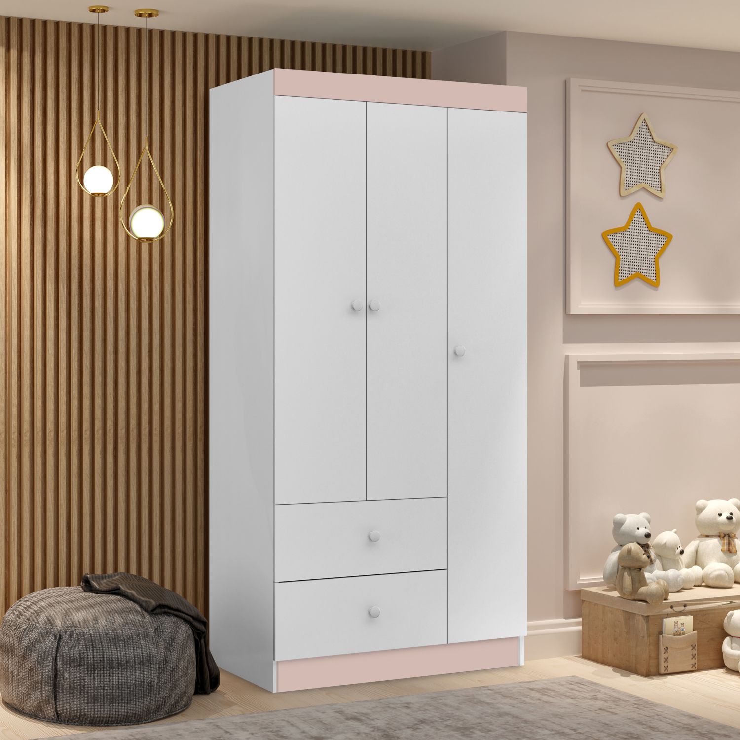 Guarda Roupa Infantil Branco e Rosa 3 Portas Carol