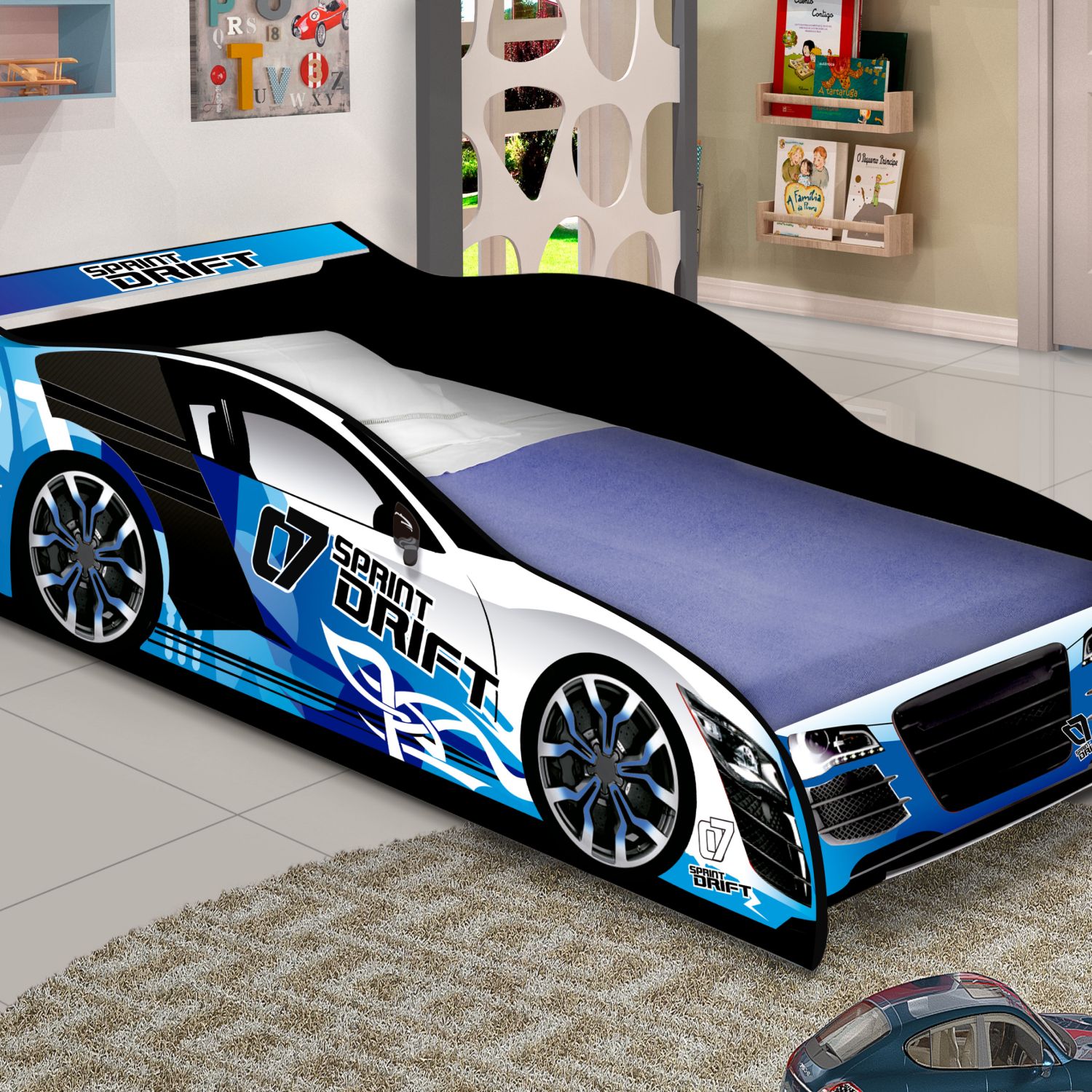 Mini Cama Infantil Carro de Corrida Azul