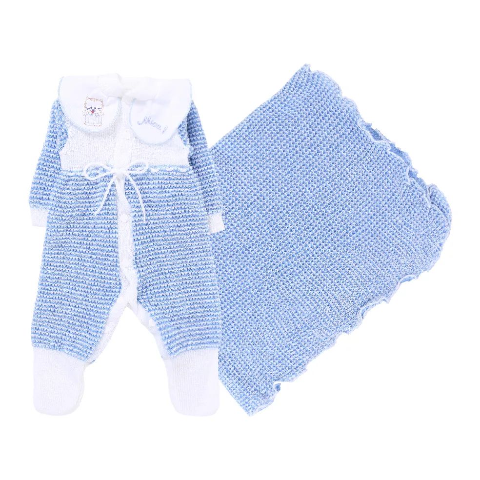 Saída de Maternidade Ternura em Tricot com Bordado Azul Tam P