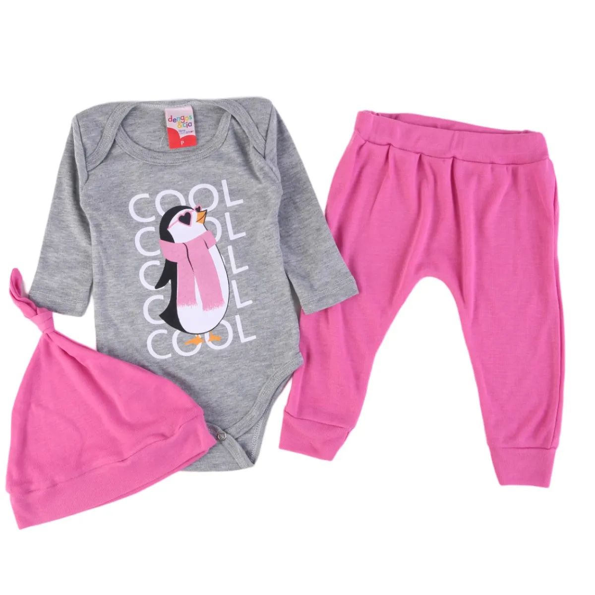 Conjunto Bebê Dengos e Cia Pinguim Cinza
