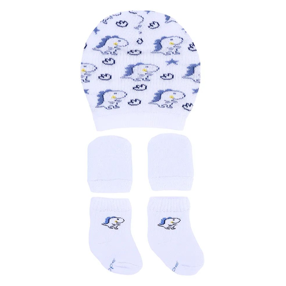 Kit Touca, Luva e Meia Dinossauro Azul