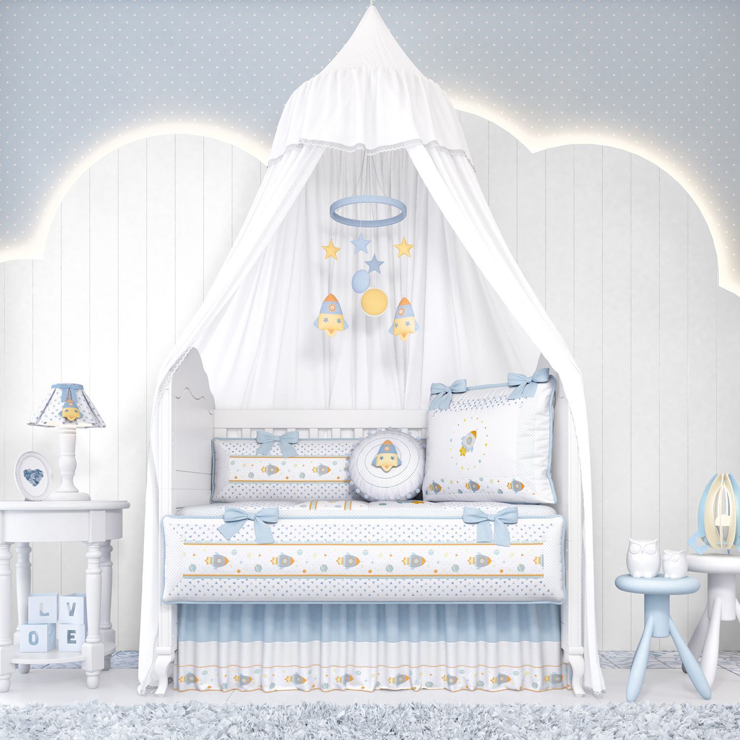 Quarto de Bebê Completo Astronauta Patchwork Azul 17 Peças