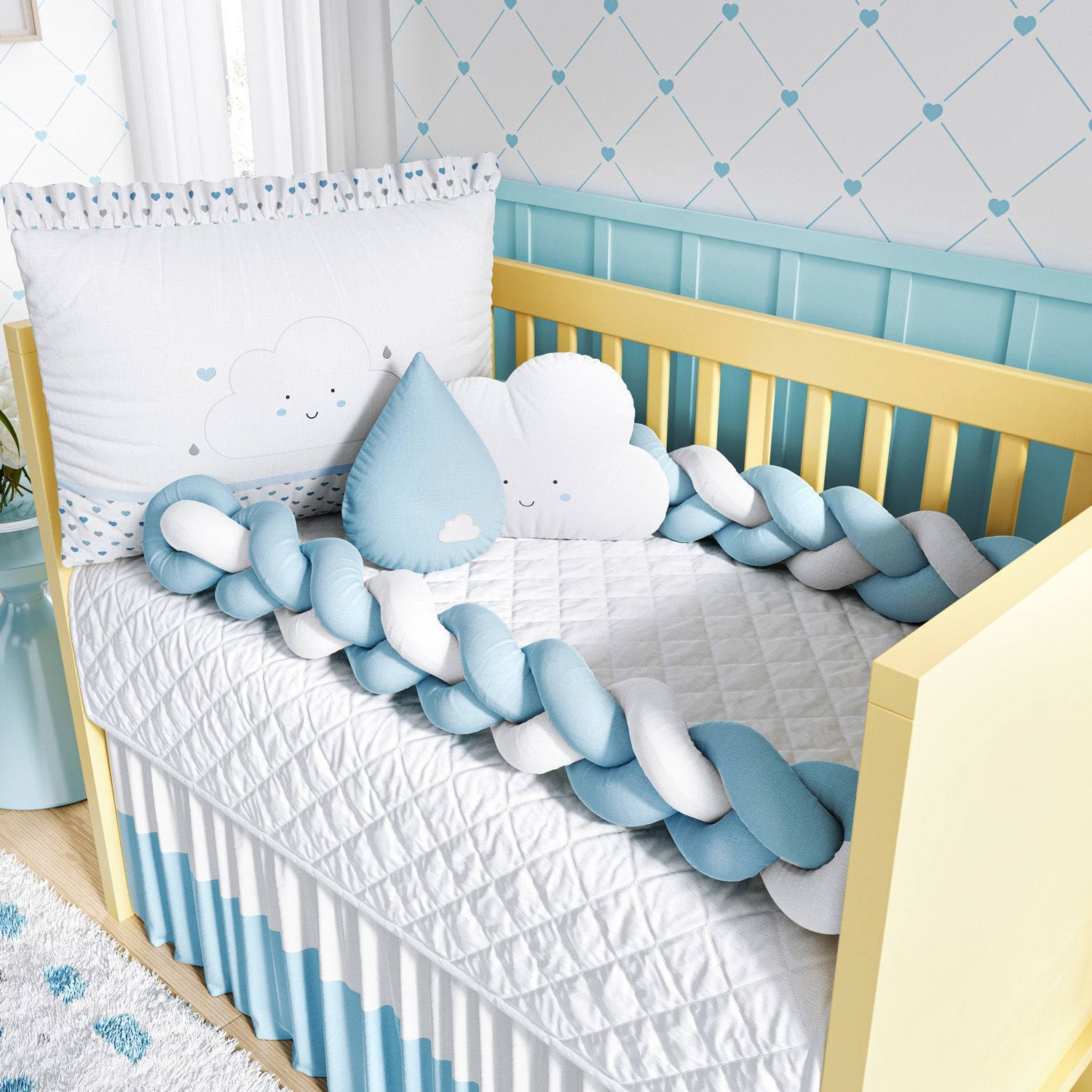 Quarto de Bebê Completo Trança Nuvem Coração Rosa 16 Peças