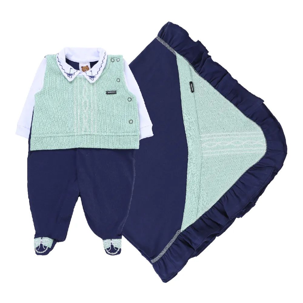 Saída de Maternidade Aconchego do Bebê com Pé Bordado Azul Marinho e Verde