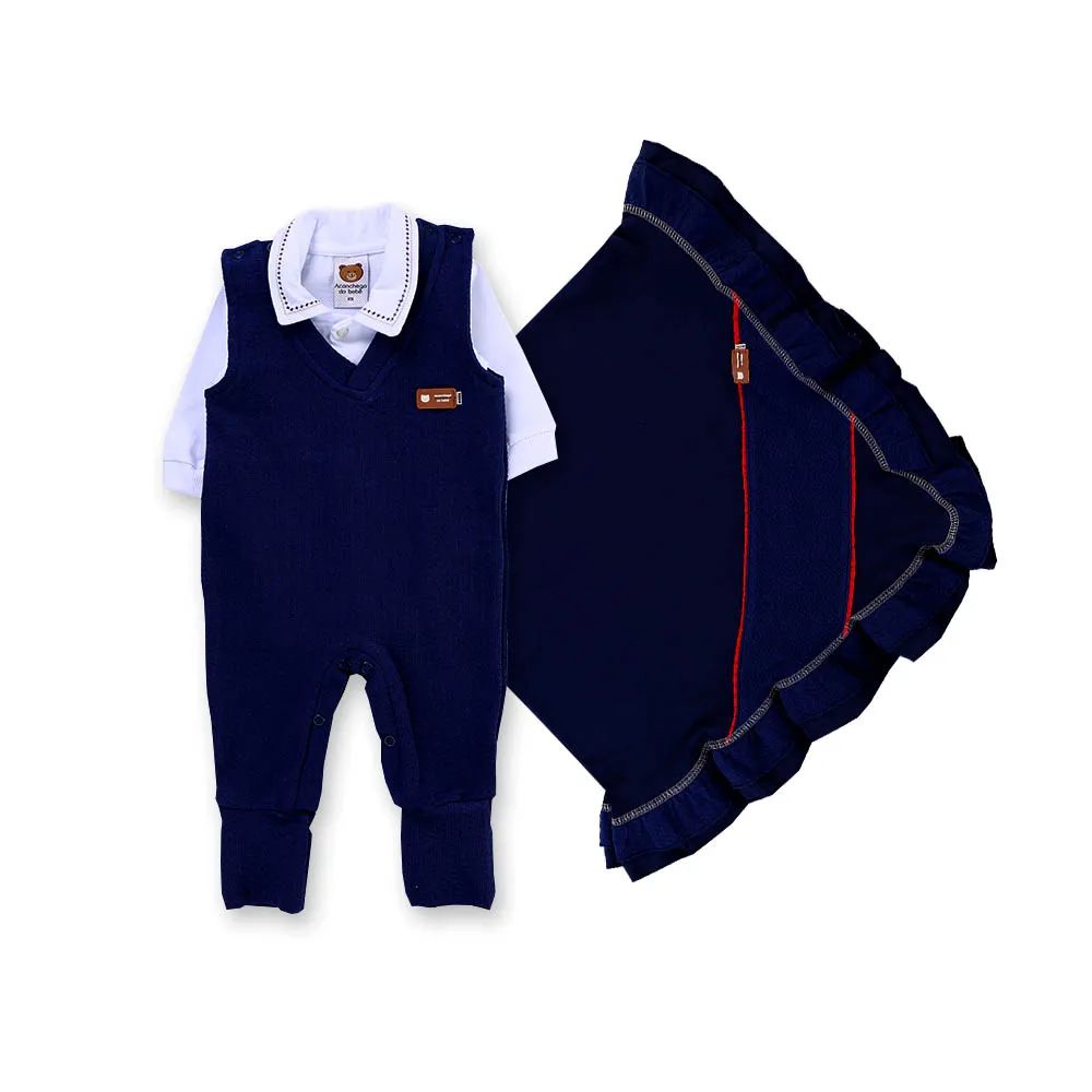 Saída de Maternidade Aconchego do Bebê com Gola Bordada Azul Marinho