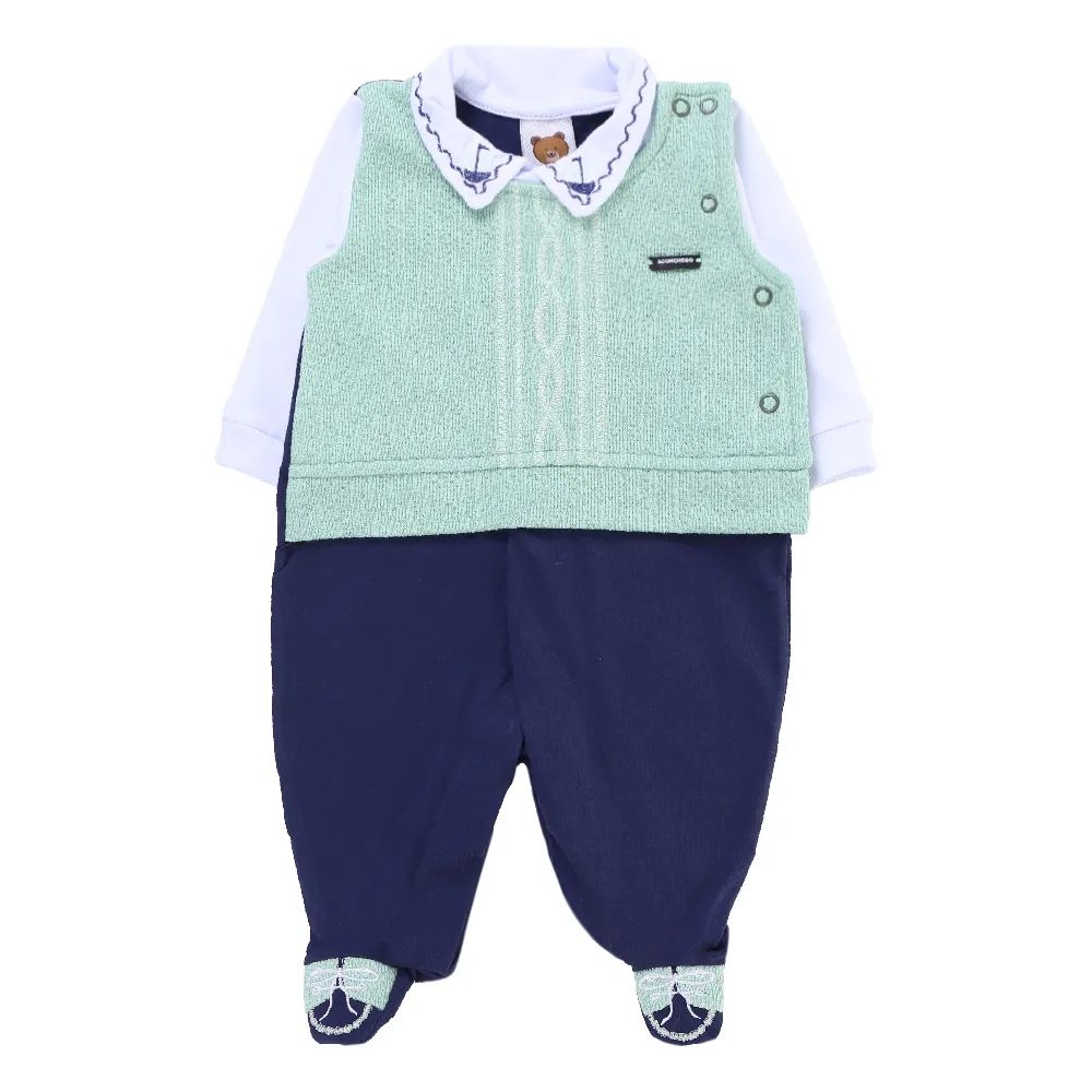 Saída de Maternidade Aconchego do Bebê com Pé Bordado Azul Marinho e Verde