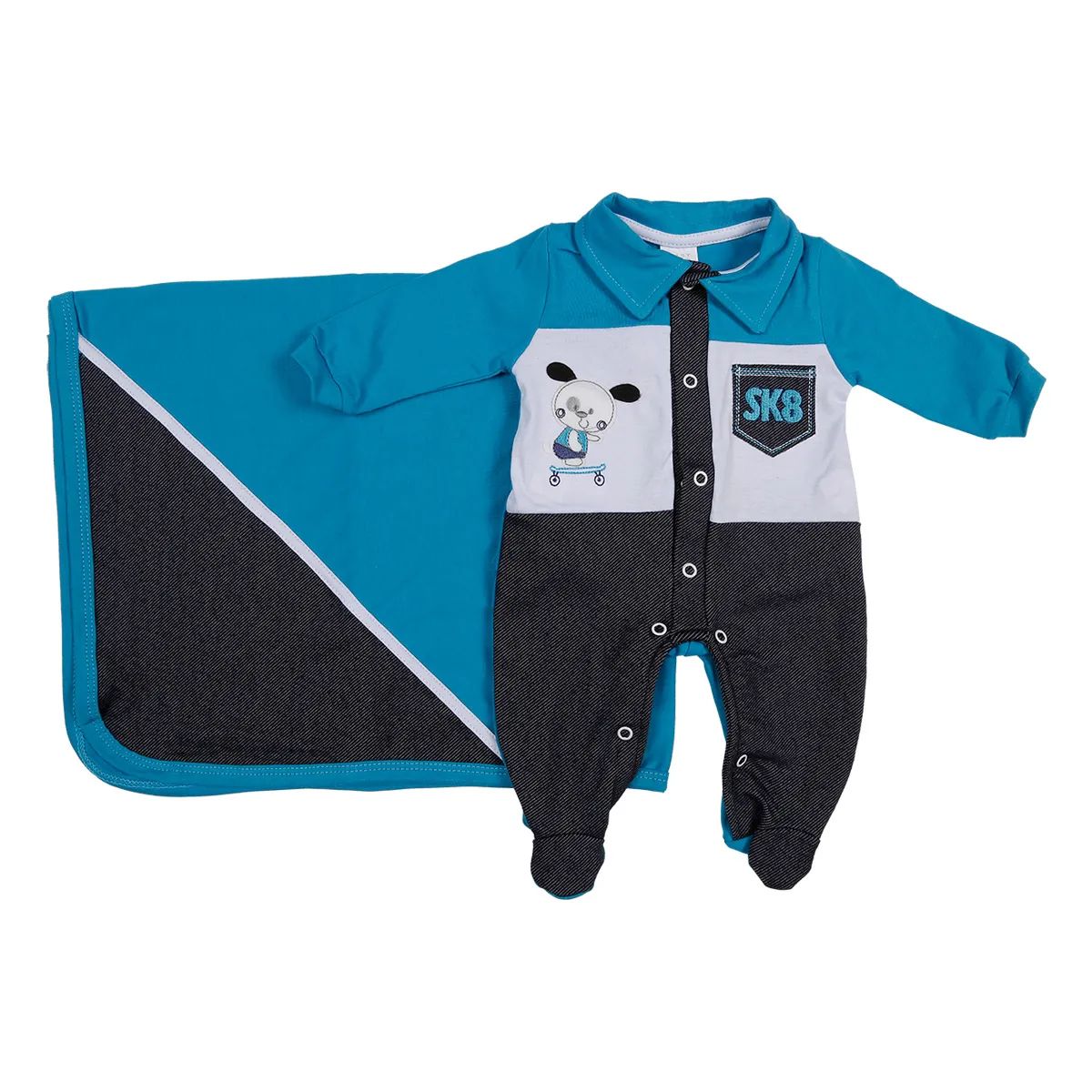 Saída Maternidade Baby Gijo Malha Bordado Dog Skate + Manta Azul Royal Tam P