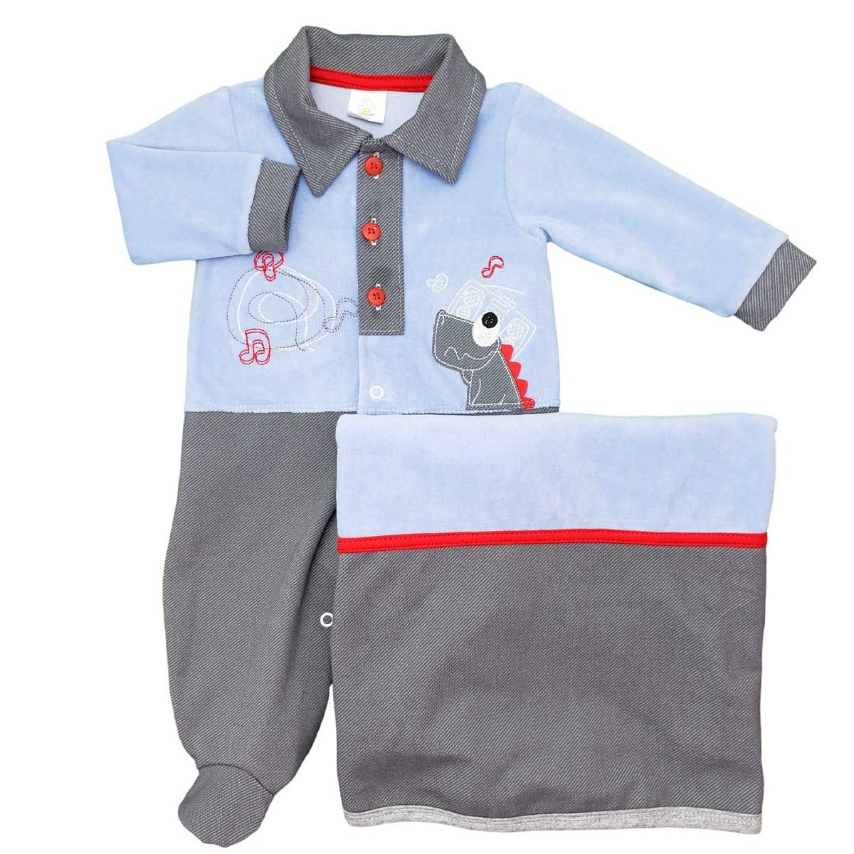 Saída Maternidade Presente Anjo Em Plush Bordado Dino Vermelho + Manta