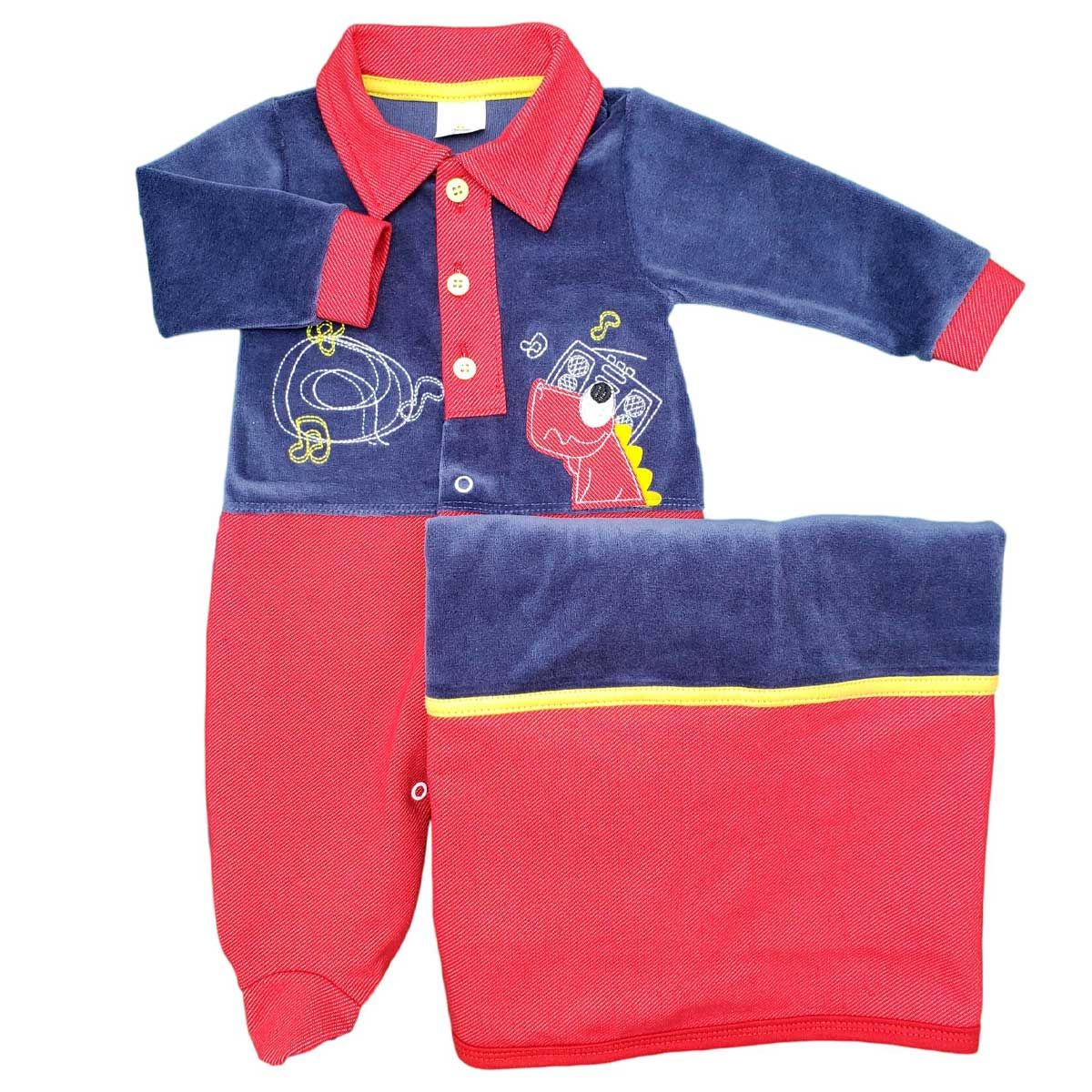 Saída Maternidade Presente Anjo Em Plush Bordado Dino Vermelho + Manta