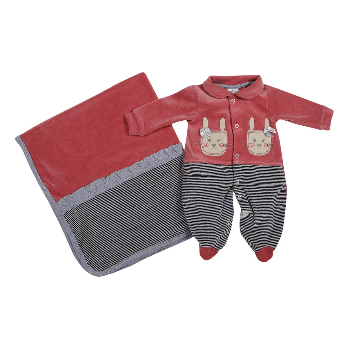 Saída Maternidade Baby Gijo Plush Bordado Coelinha + Manta Rosa Claro