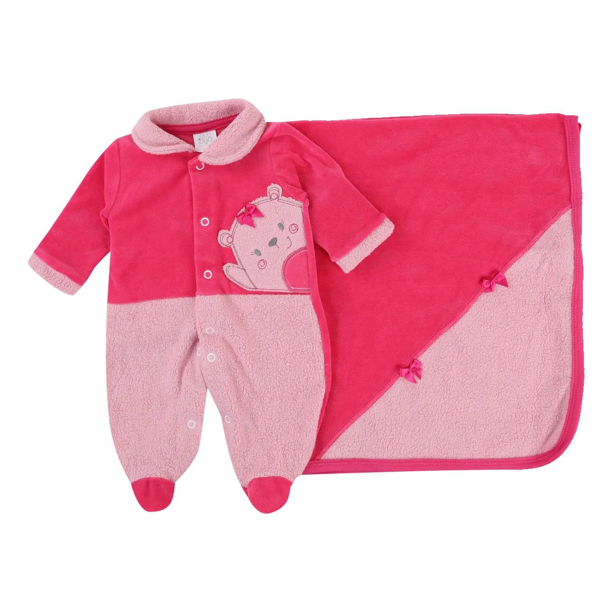 Saída Maternidade Baby Gijo Plush Bordado Ursinha + Manta Pink