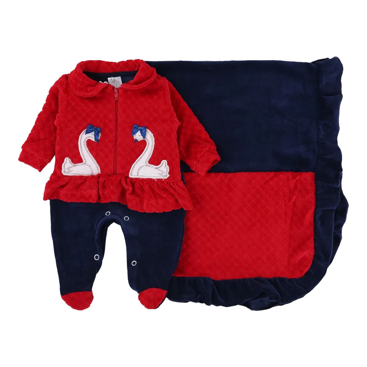 Saída Maternidade Baby Gijo Plush Bordado Cisnes + Manta Salmão