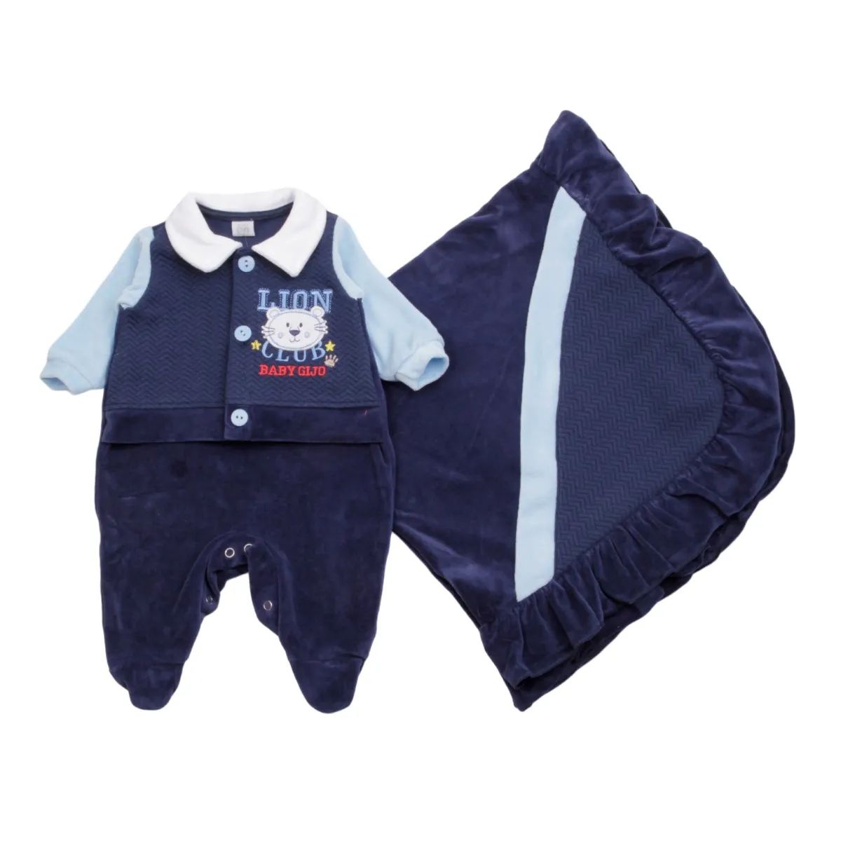 Saída Maternidade Baby Gijo Em Plush Bordado Leão Azul Marinho