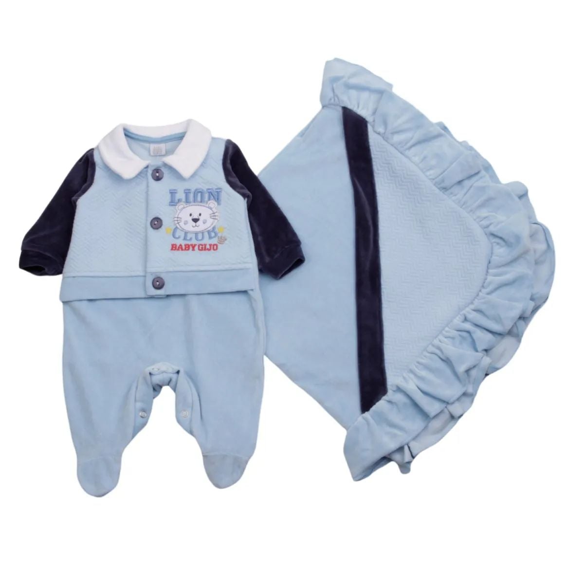 Saída Maternidade Baby Gijo Em Plush Bordado Leão Azul Marinho