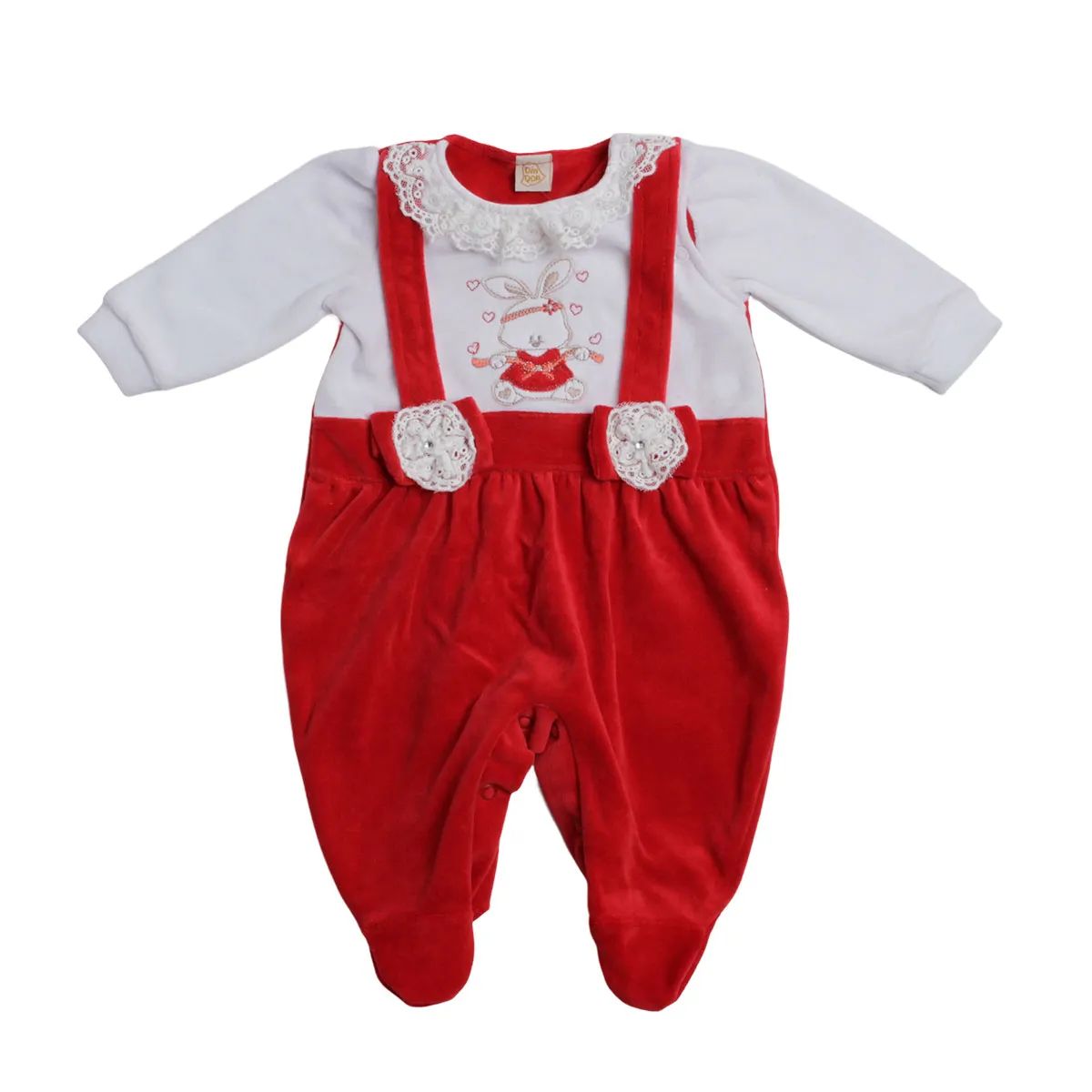 Saída Maternidade Din Don Em Plush Gola Com Renda E Suspensório Vermelho