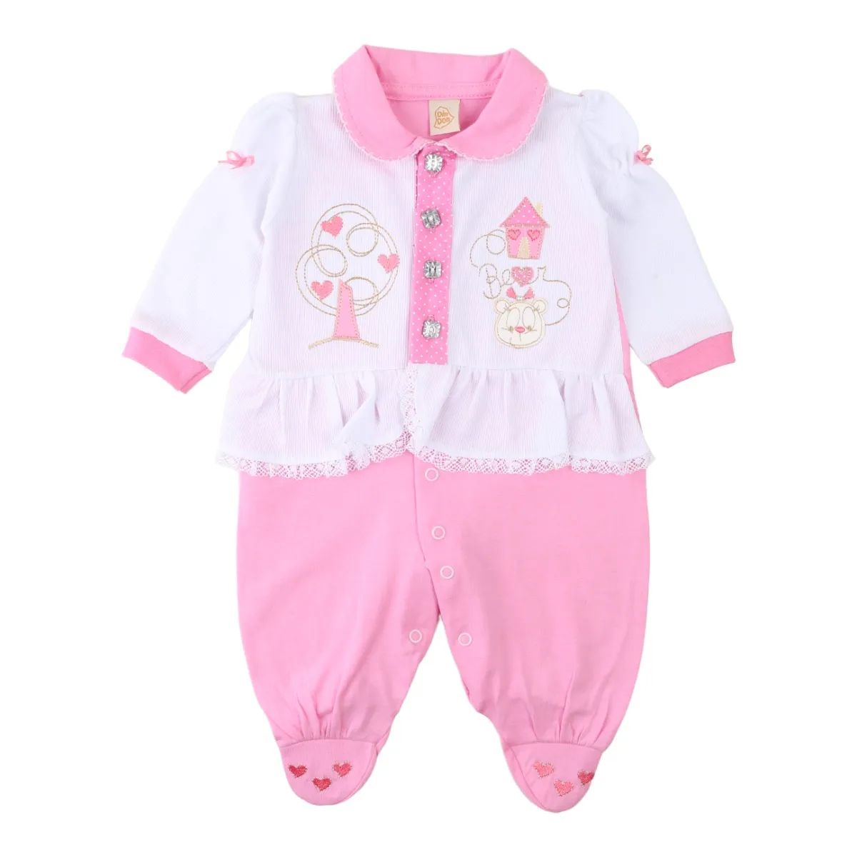 Saída de Maternidade Din Don Bordado Casinha Urso Rosa Claro