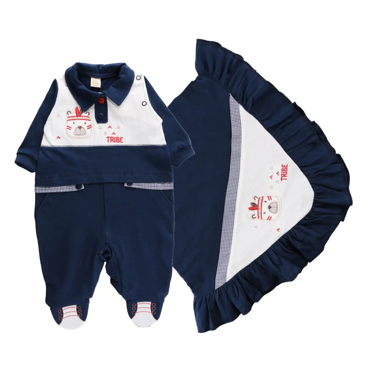 Saída de Maternidade Din Don Ursinho Detalhe Xadrez Azul Marinho