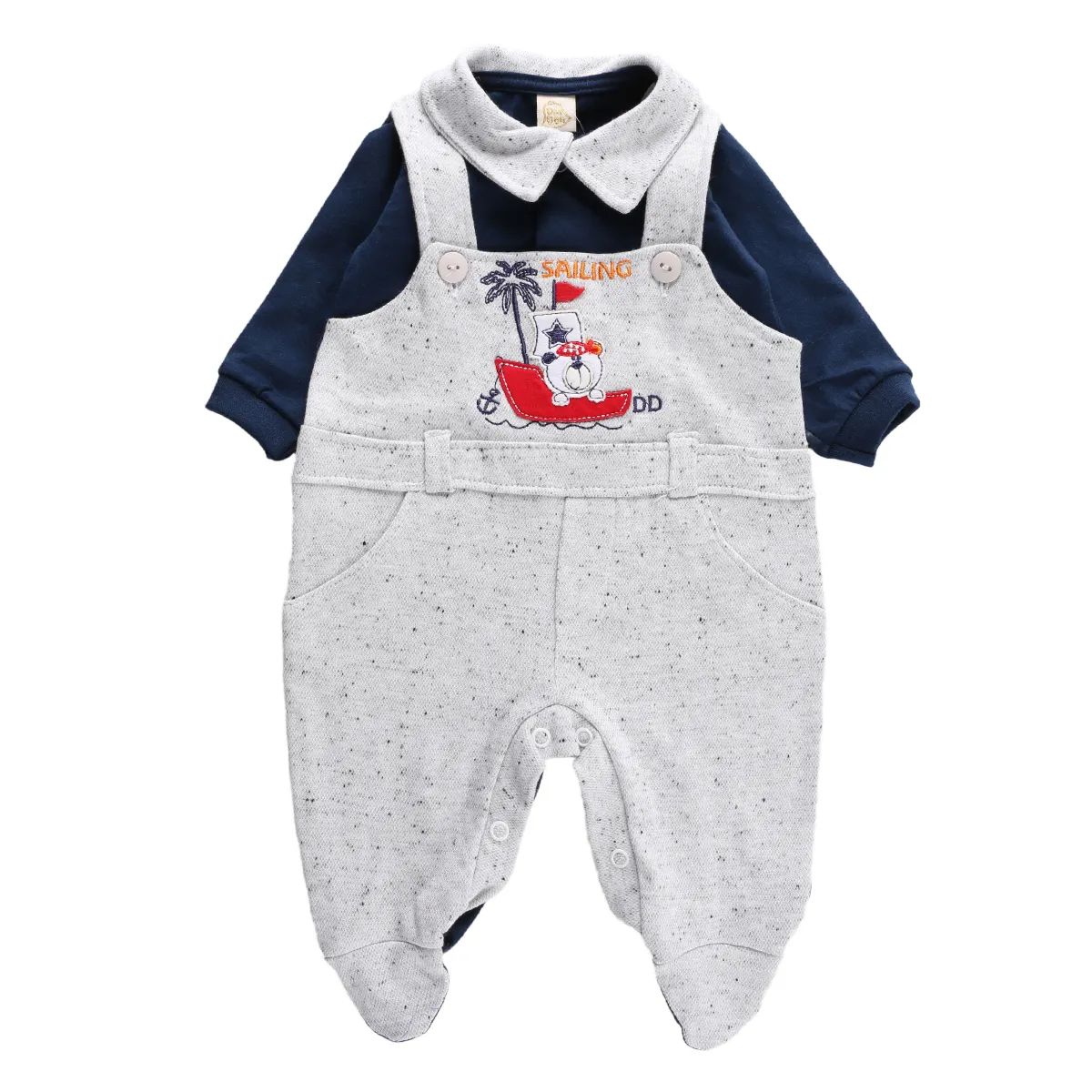 Saída Maternidade Din Don Bordado Urso com Barco Vermelho