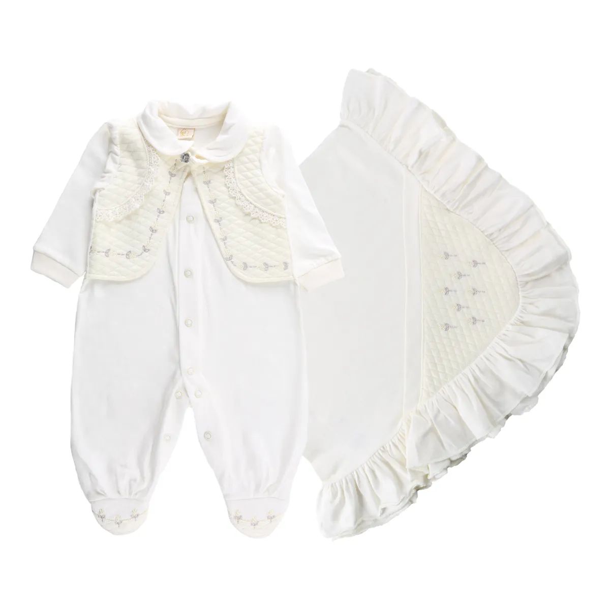 Saída de Maternidade Din Don Detalhe Colete Bordado Flores Off White