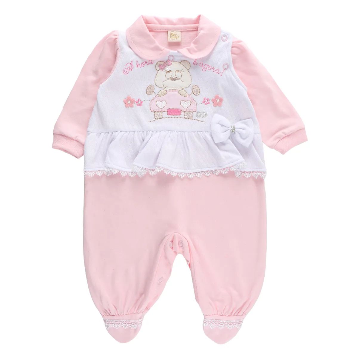 Saída de Maternidade Din Don Ursa com Laço Rosa Tam P