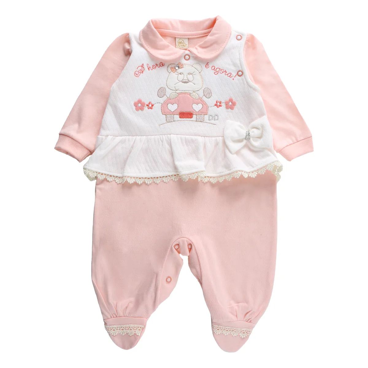 Saída de Maternidade Din Don Ursa com Laço Rosa Tam P