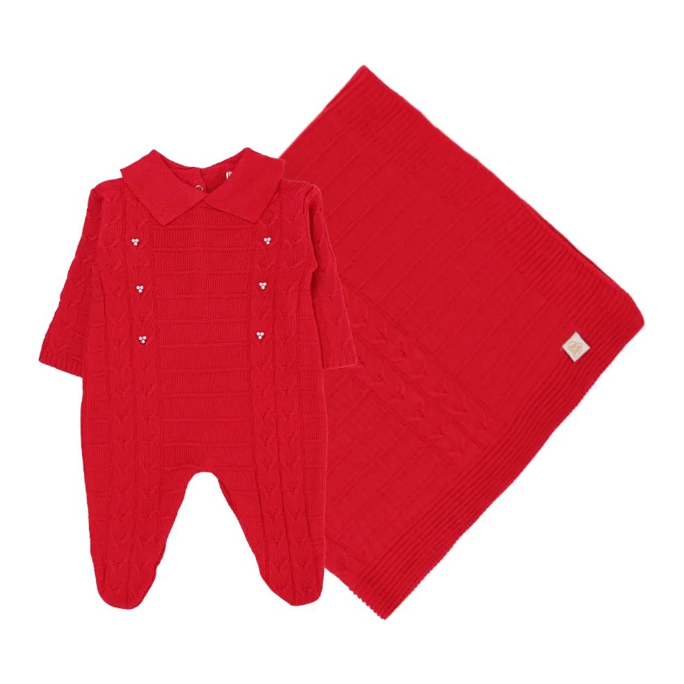 Saída de Maternidade Din Don Trançado com Pérolas Vermelho