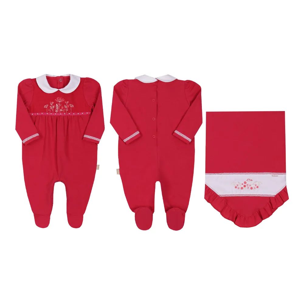 Saída Maternidade Bebê Paraiso Pala Bordada Florzinhas Vermelha