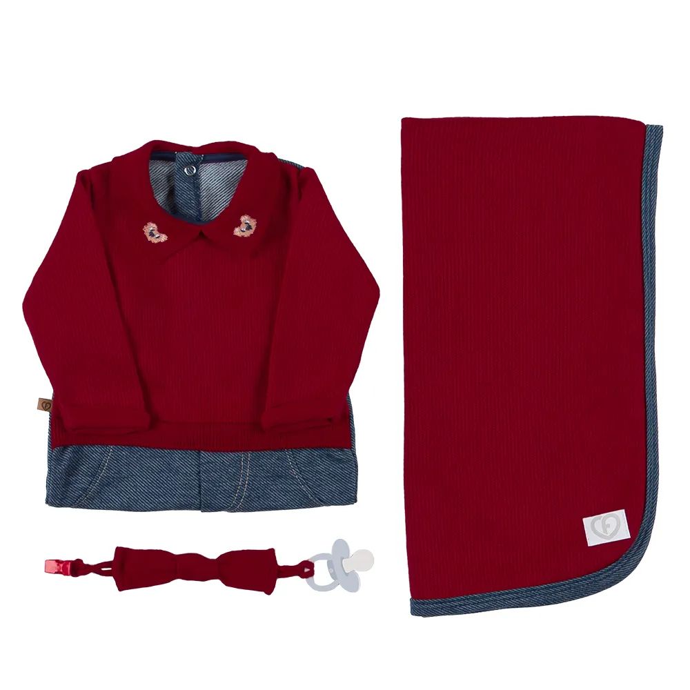 Saída De Maternidade Fofinho Listrado Ursinho Azul Jeans