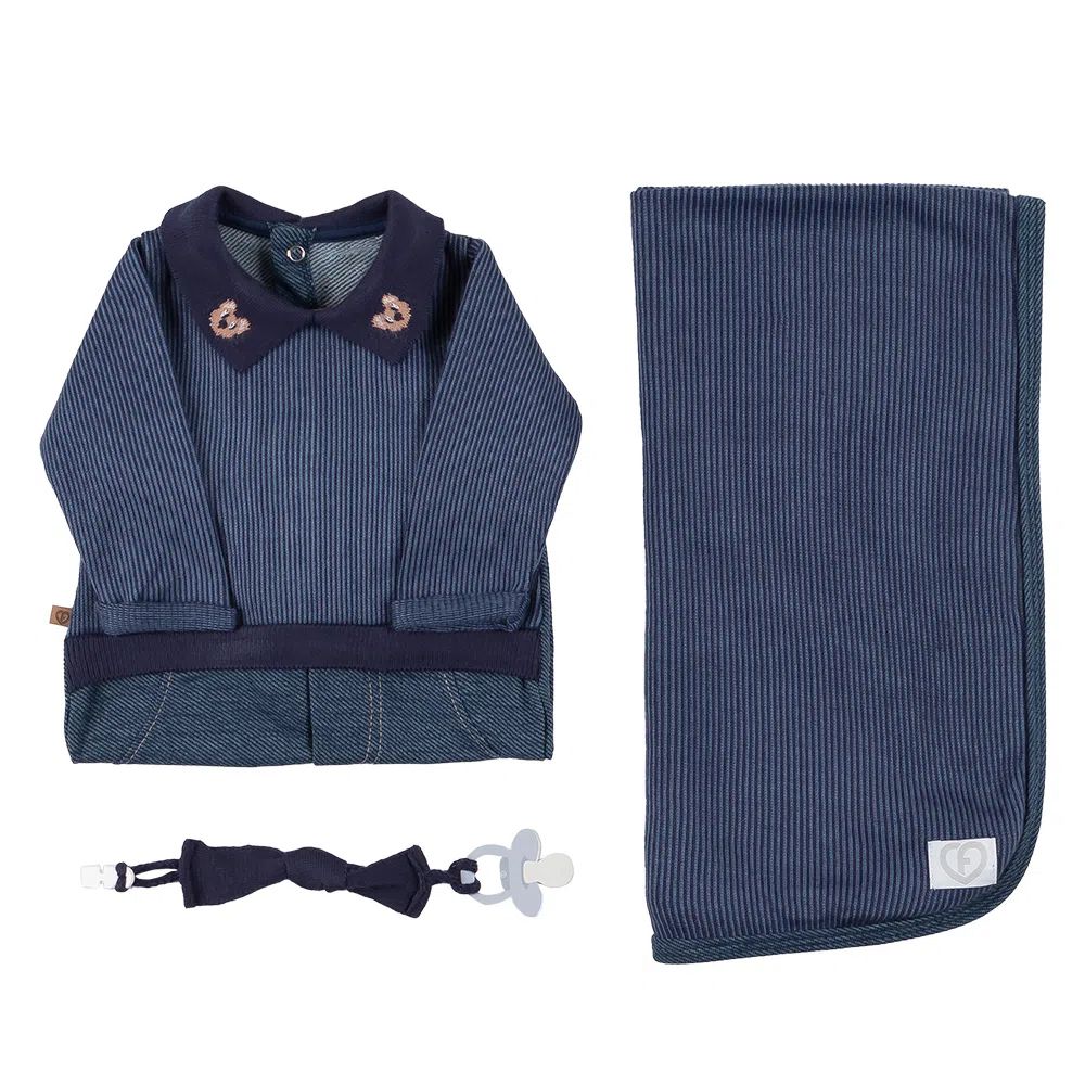 Saída De Maternidade Fofinho Listrado Ursinho Azul Jeans