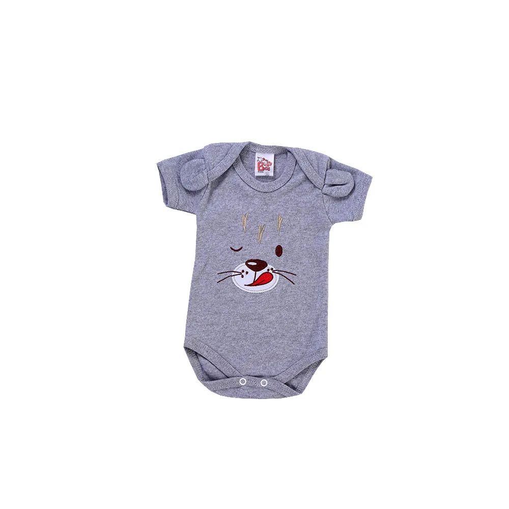 Kit Body Manga Curta Baby Bee Bordado Carinhas Azul e Cinza 3 Peças