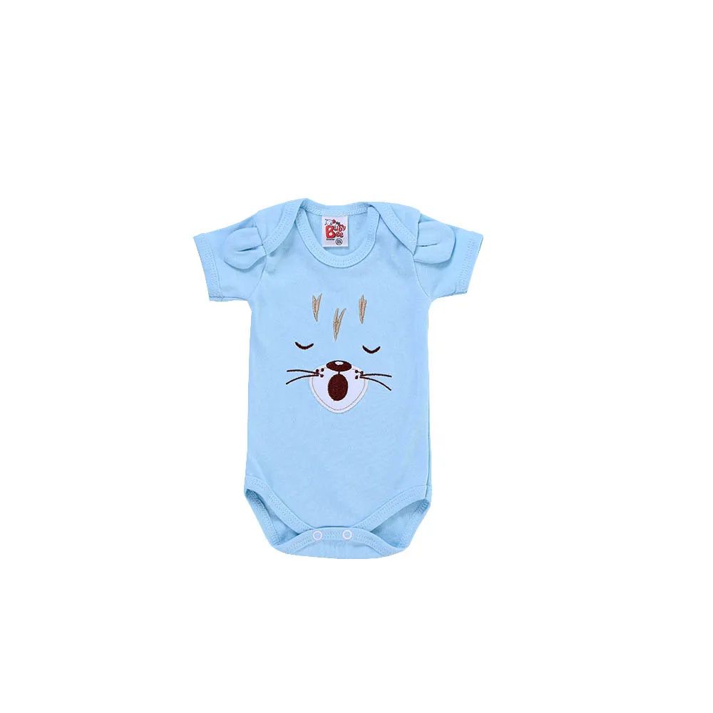 Kit Body Manga Curta Baby Bee Bordado Carinhas Azul e Cinza 3 Peças