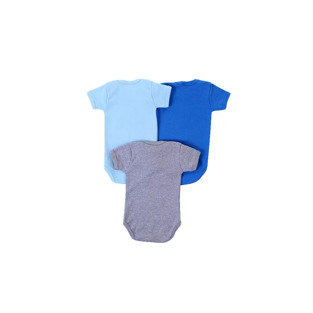 Kit Body Manga Curta Baby Bee Bordado Carinhas Azul e Cinza 3 Peças