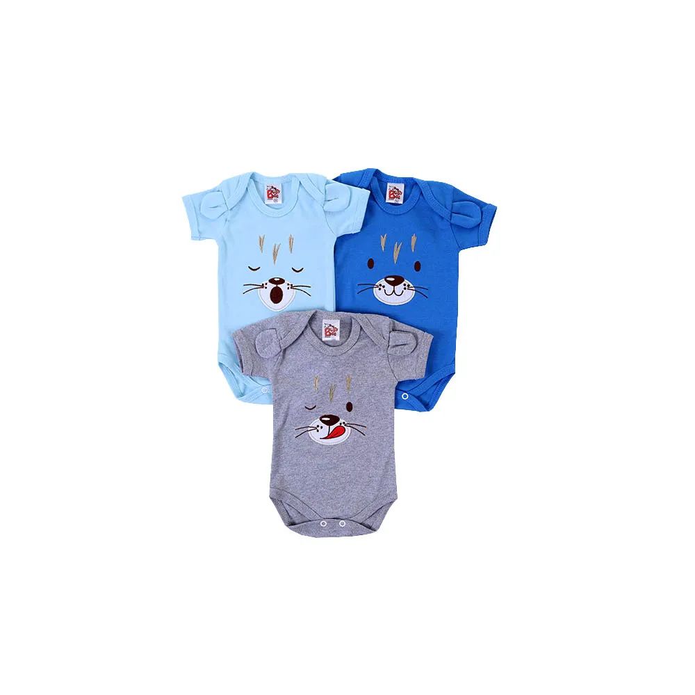 Kit Body Manga Curta Baby Bee Bordado Carinhas Azul e Cinza 3 Peças