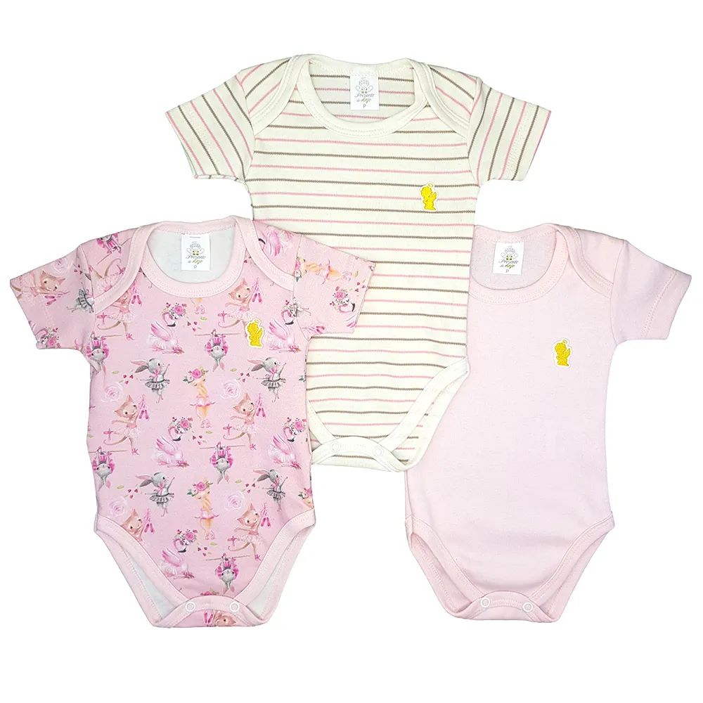 Kit Body Manga Curta Presente de Anjo Bichinhos 3 Peças Tam G