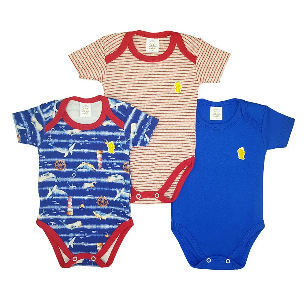 Kit Body Manga Curta Presente de Anjo Marinheiro Azul e Amarelo 3 Peças