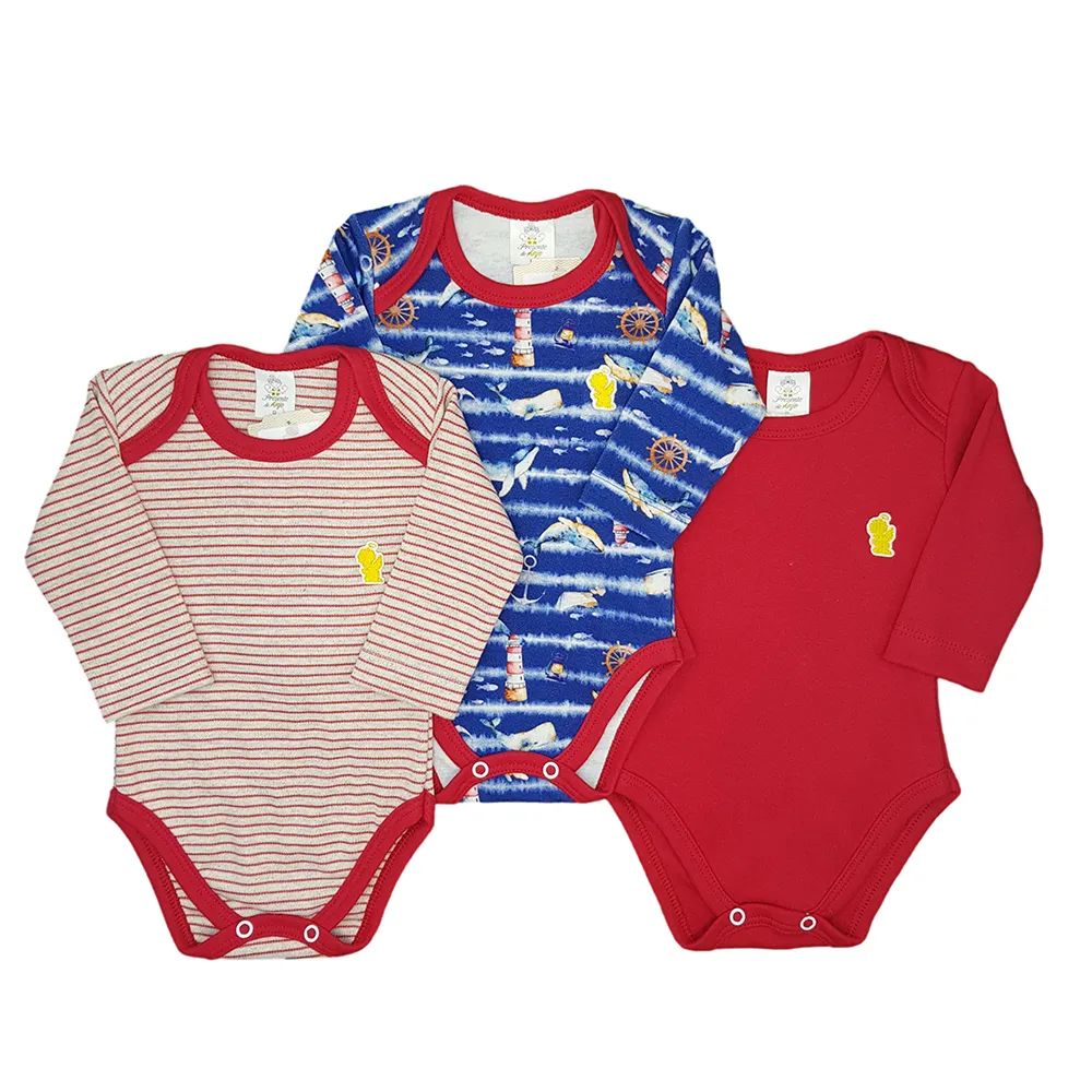 Kit Body Manga Longa Presente de Anjo Marinheiro Azul e Vermelho 3 Peças
