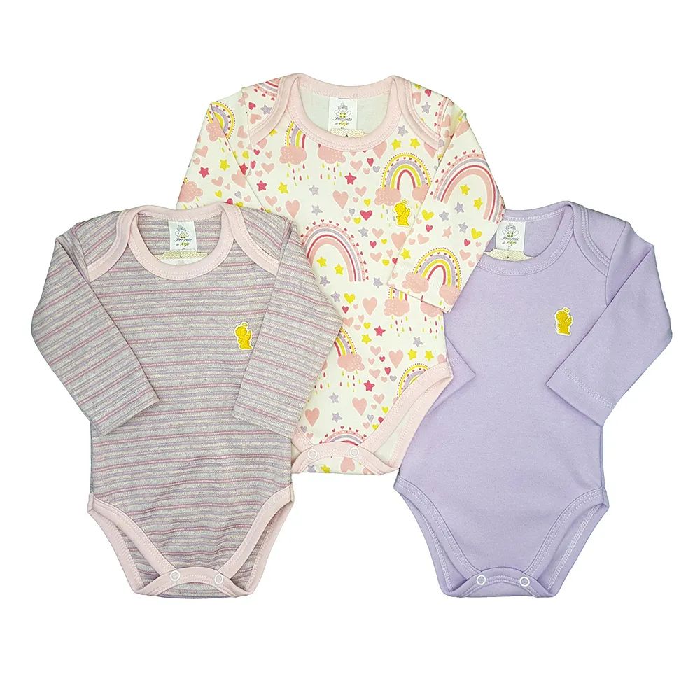 Kit Body Manga Longa Presente de Anjo Arco-Iris 3 Peças Tam G