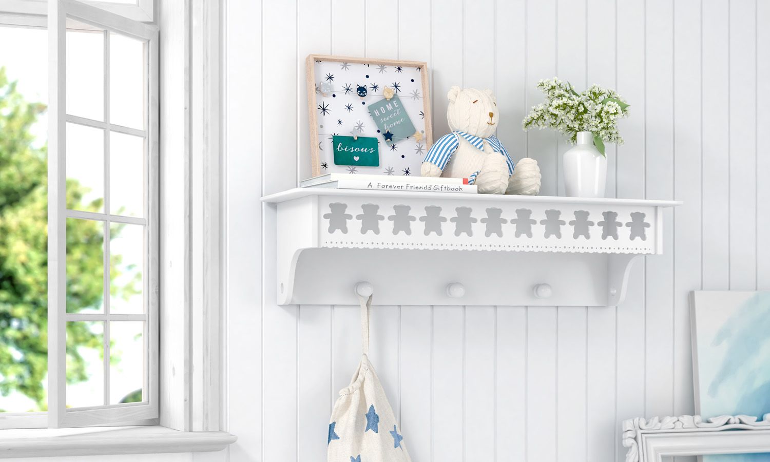 Prateleira com Cabideiro Ursinho Theodore Rosa