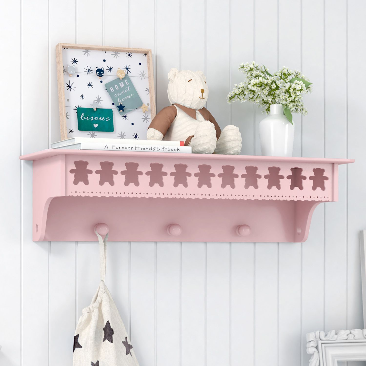 Prateleira com Cabideiro Ursinho Theodore Rosa