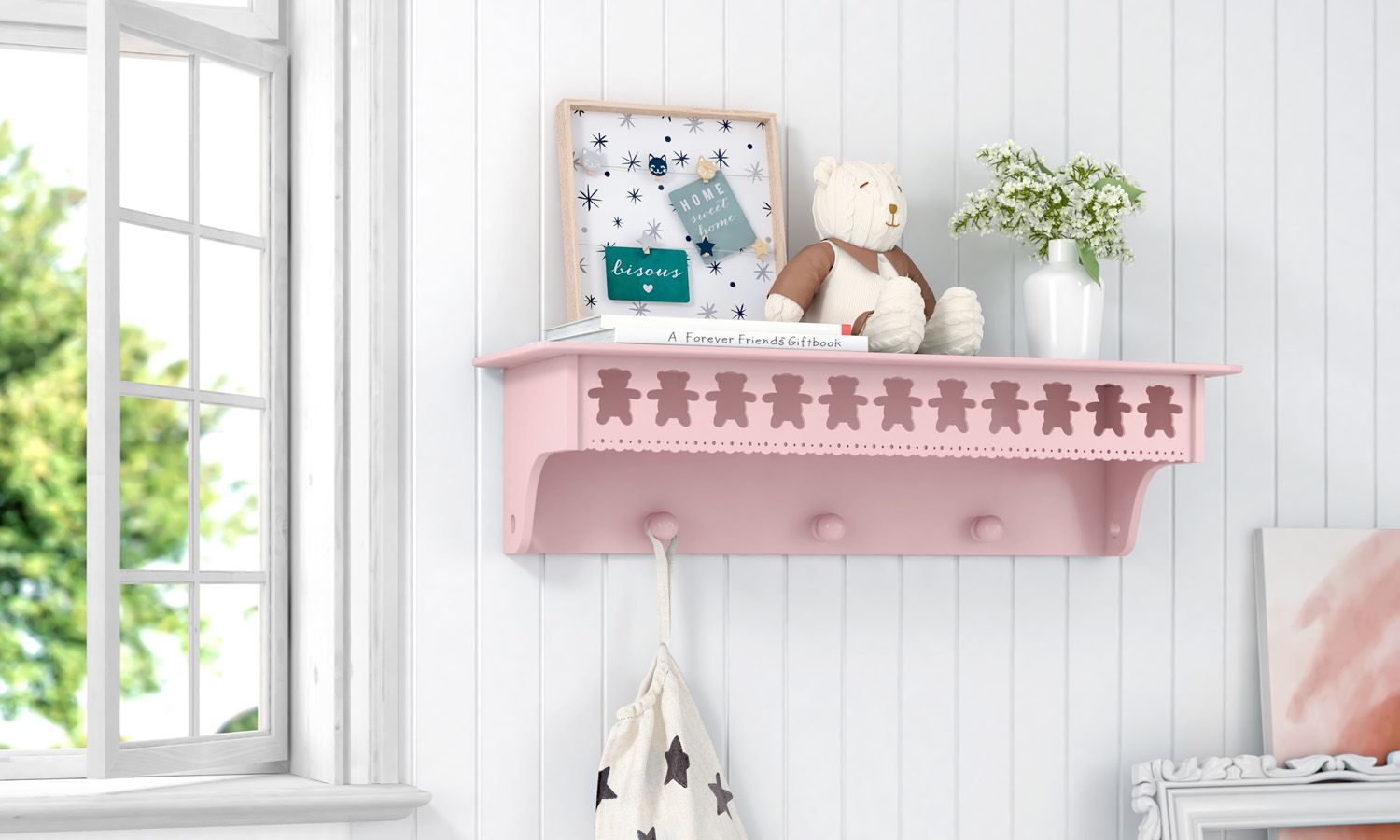 Prateleira com Cabideiro Ursinho Theodore Rosa