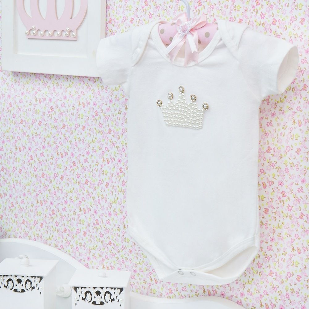 Body Manga Curta Coroa com Pérolas Palha Tam M