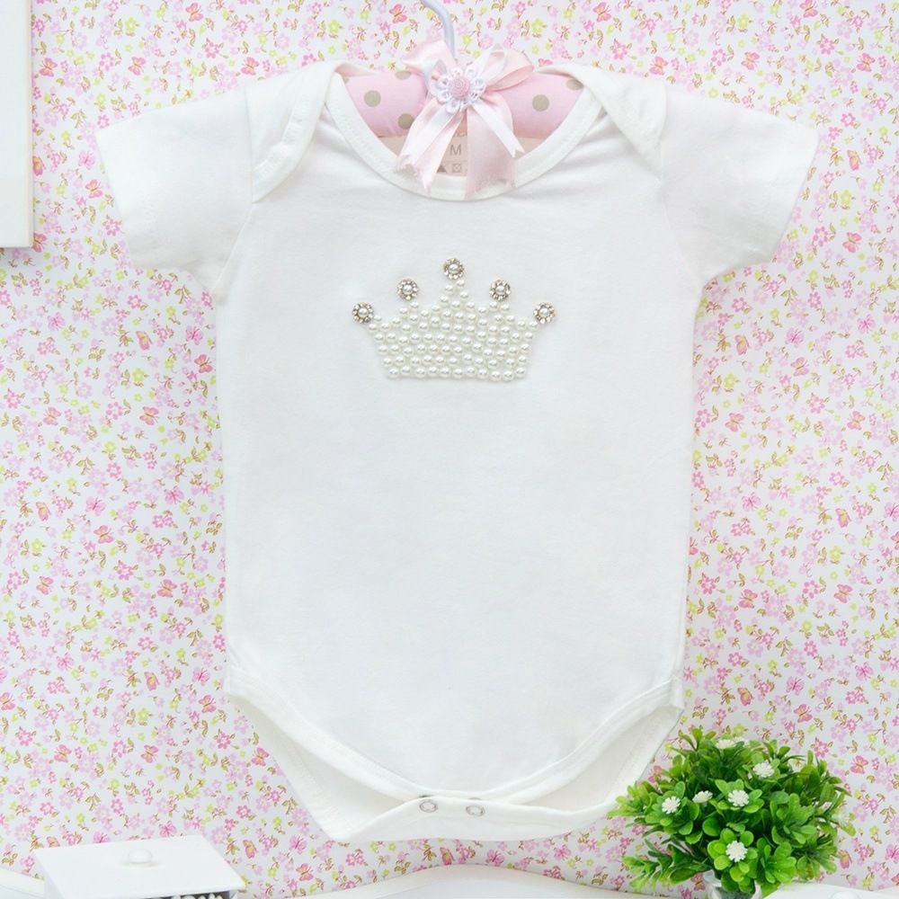 Body Manga Curta Coroa com Pérolas Palha Tam M