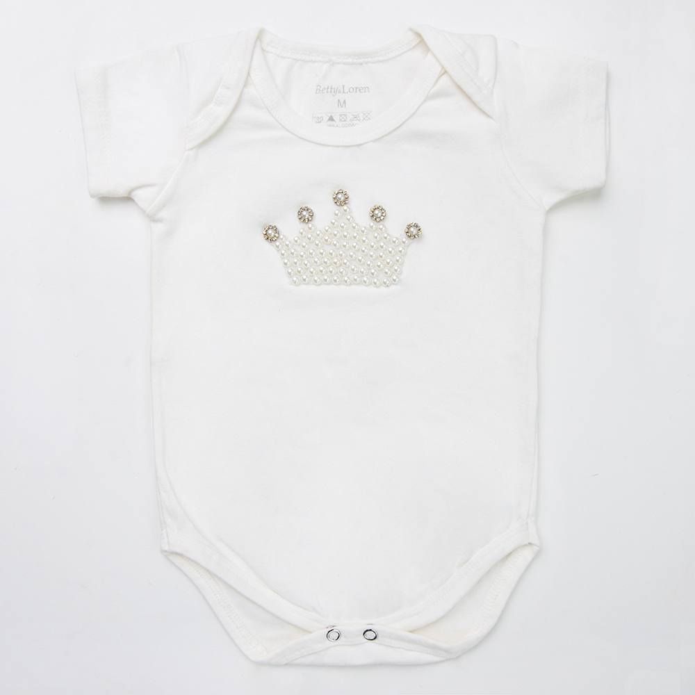 Body Manga Curta Coroa com Pérolas Palha Tam M