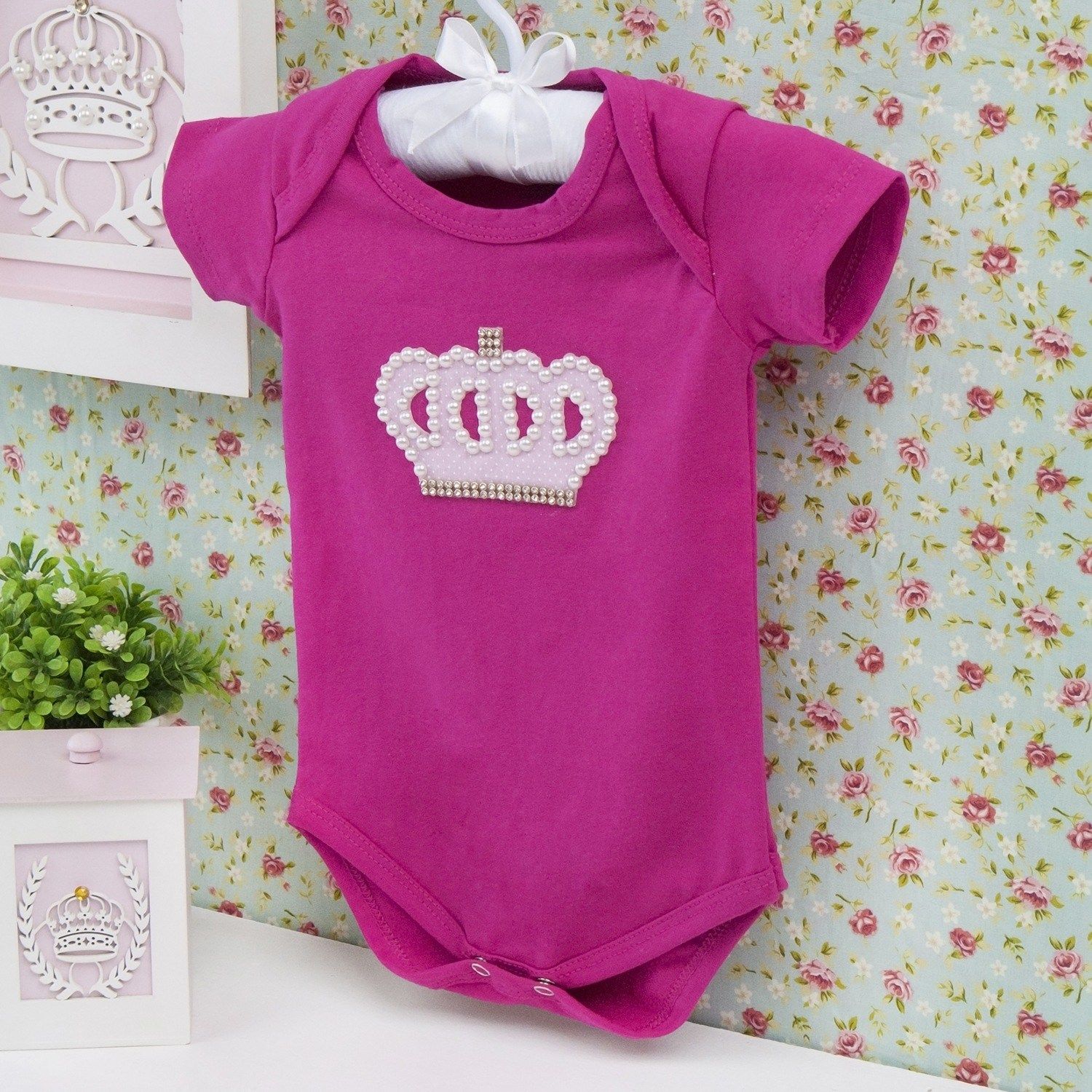 Body Manga Curta Coroa Poá Com Pérolas Pink Tam G