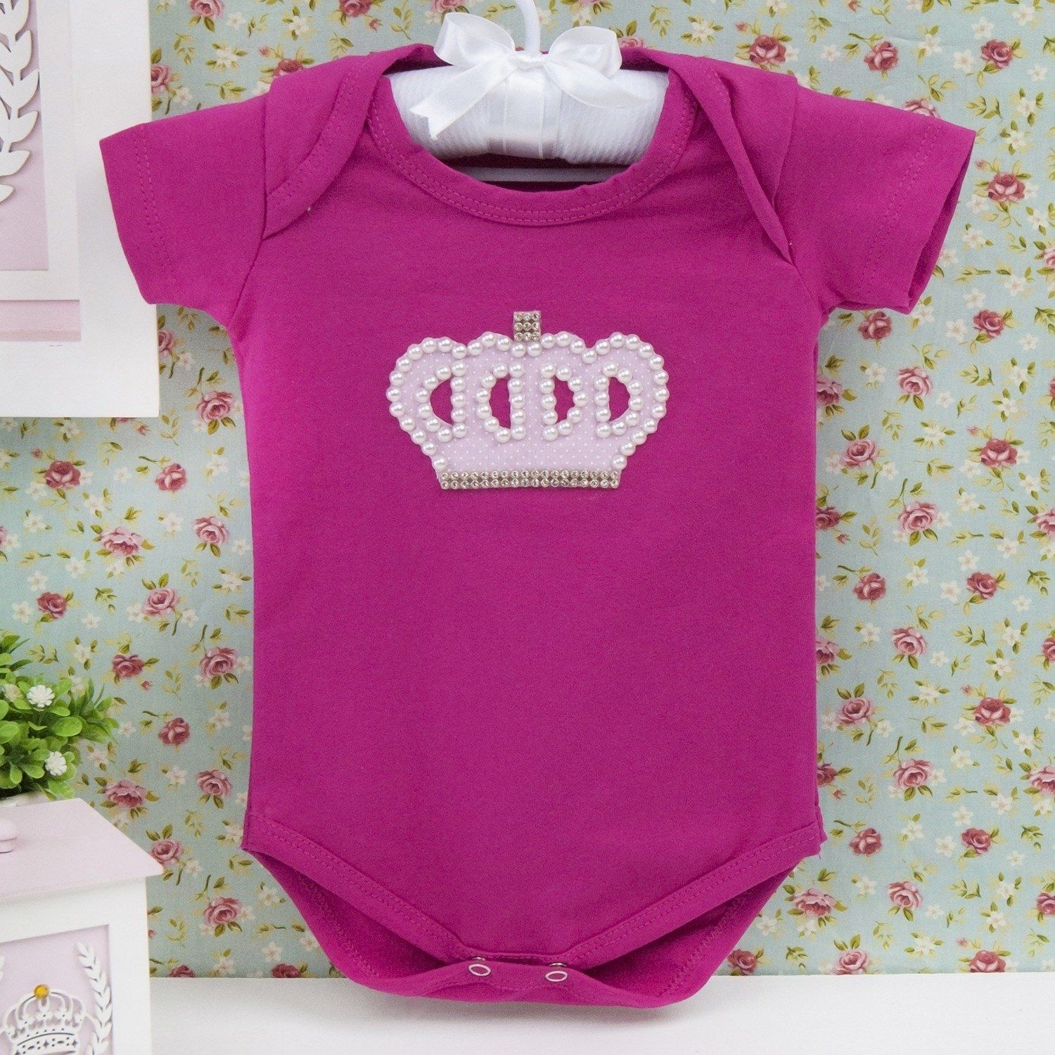 Body Manga Curta Coroa Poá Com Pérolas Pink Tam G