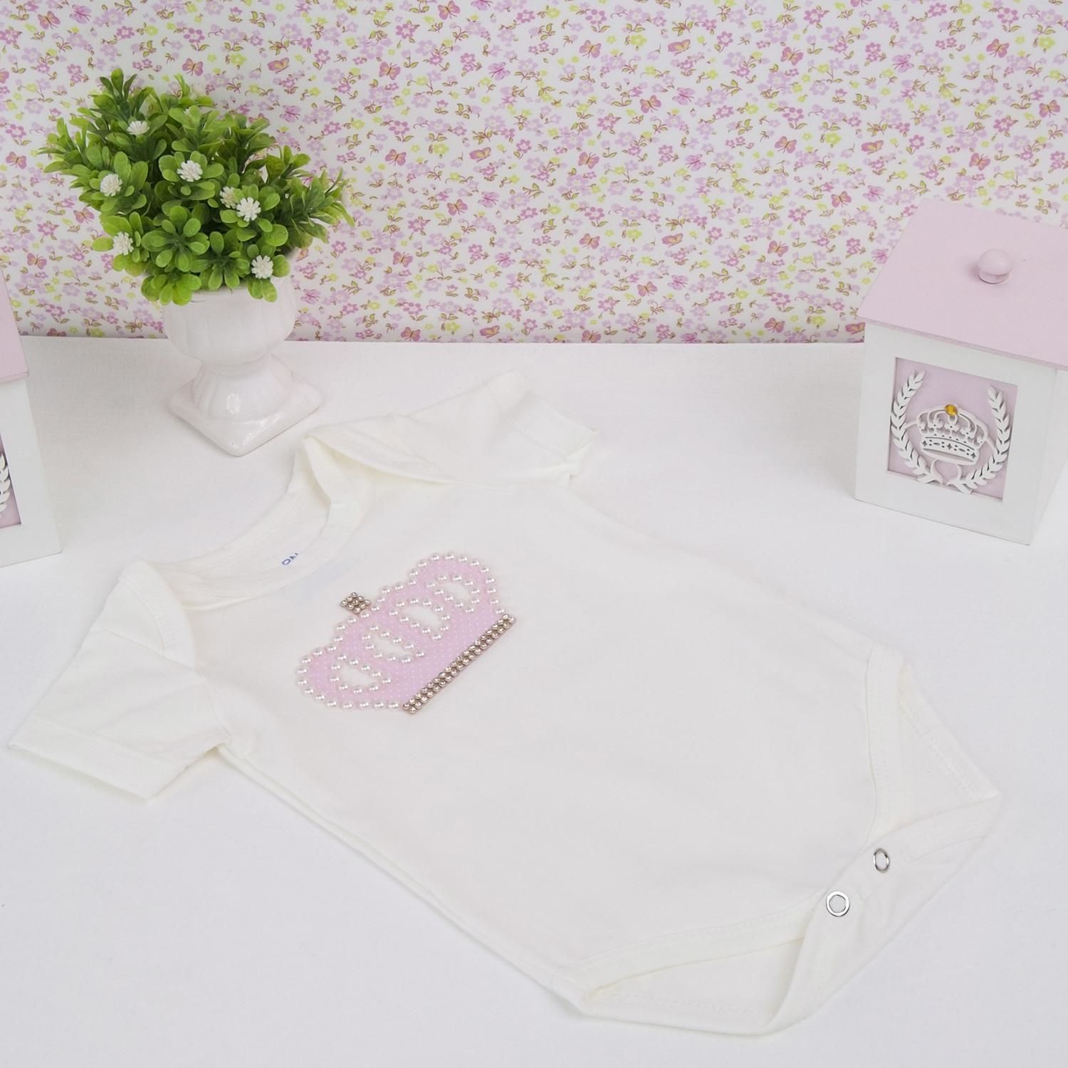 Body Manga Curta Coroa Poá Com Pérolas Pink Tam G